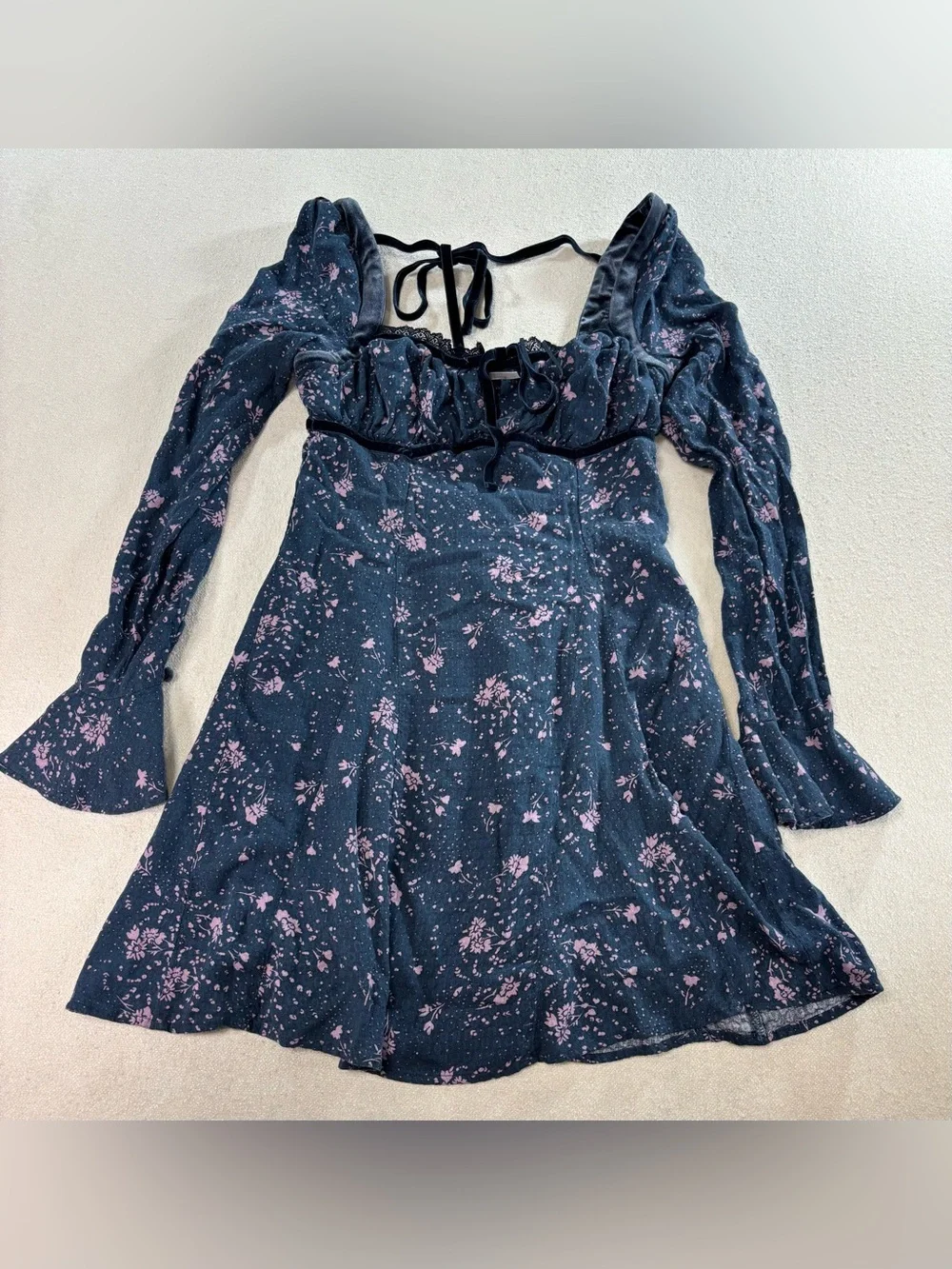 Free People Tess Floral Mini Dress Velvet Lace Sweetheart Neck Size Small - Picture 3 of 7